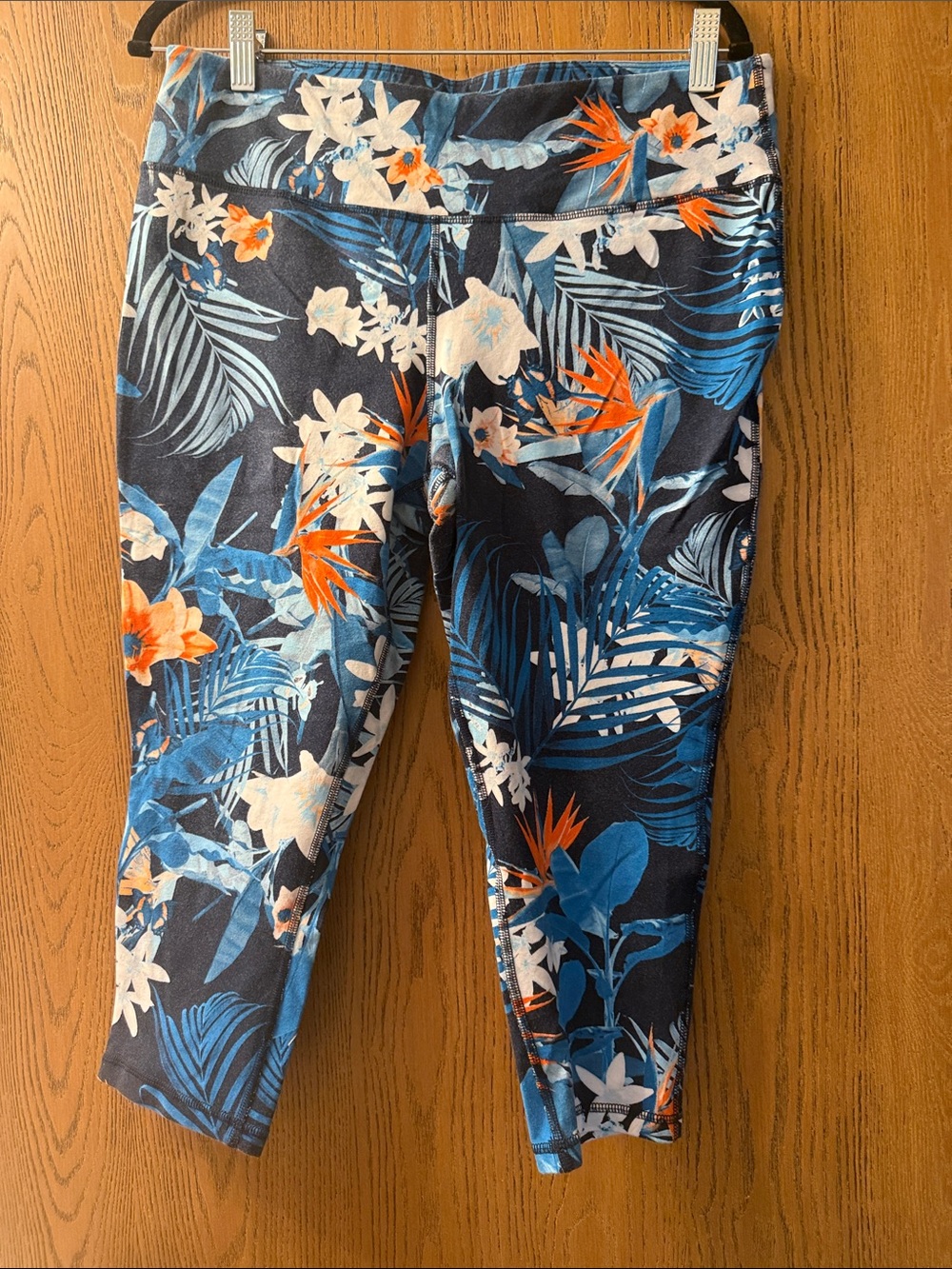 Xersion Tropical Print Track Capri Pants - Navy, Blue & Orange